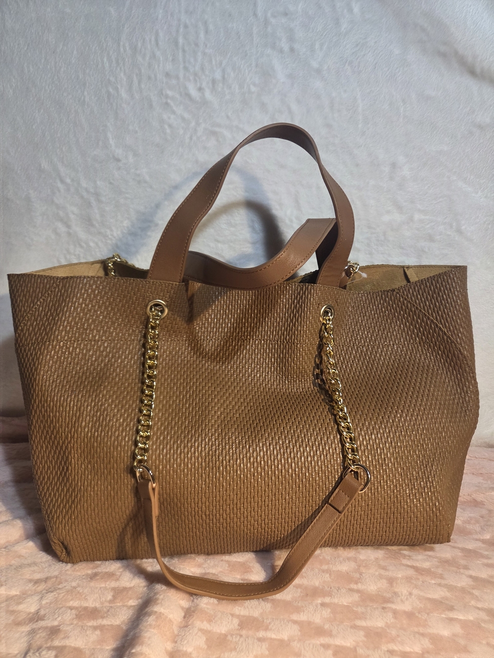 Woven Tan Tote Bag with Gold Chain Handles